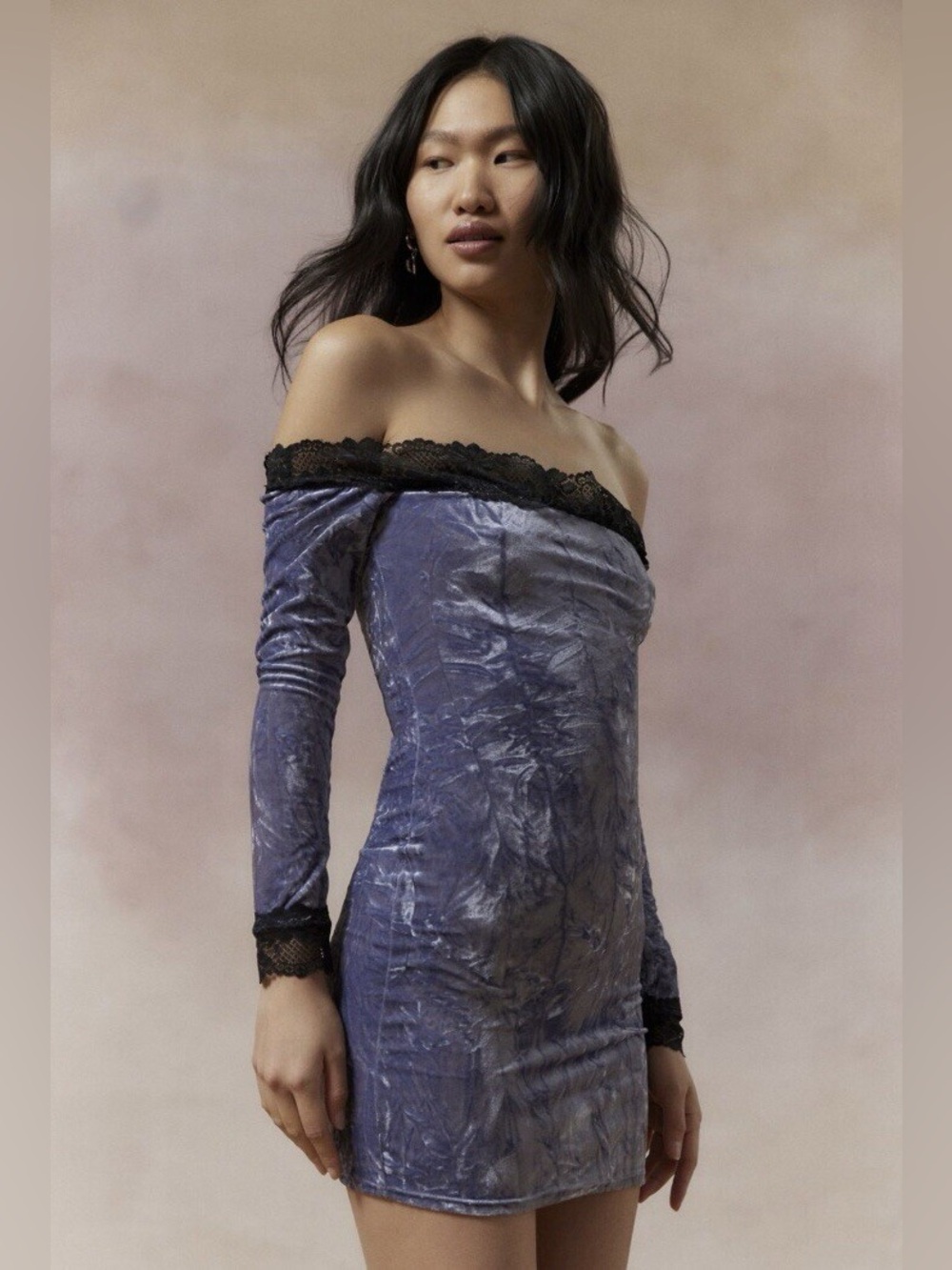 NEW Kimchi Blue Crushed Velvet Lace Trim Off Shoulder Mini Dress